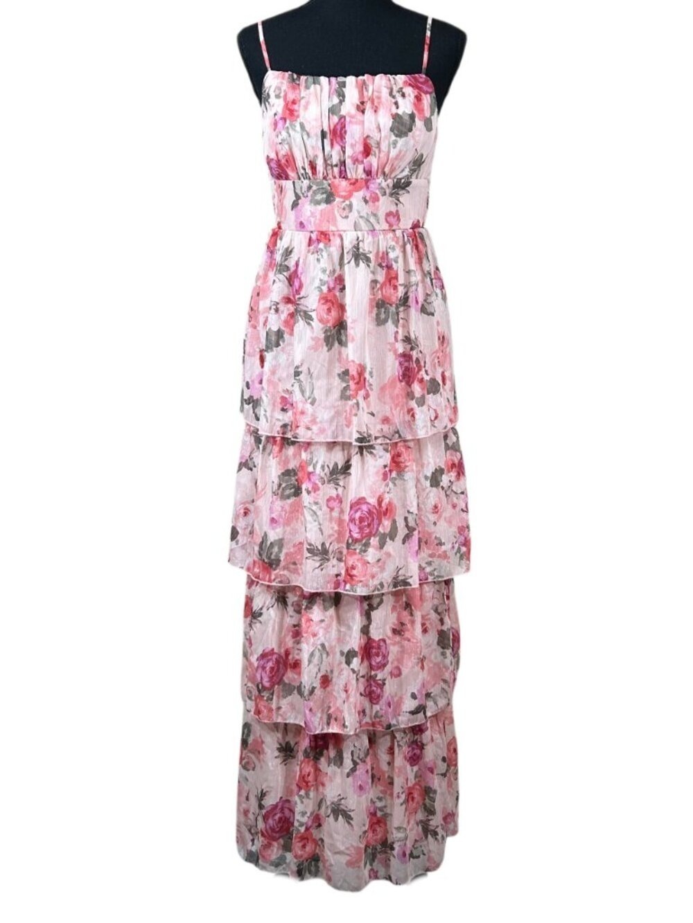 Crystal Doll Pink Floral Tiered Spaghetti Strap Maxi Dress Size 7 (Juniors)